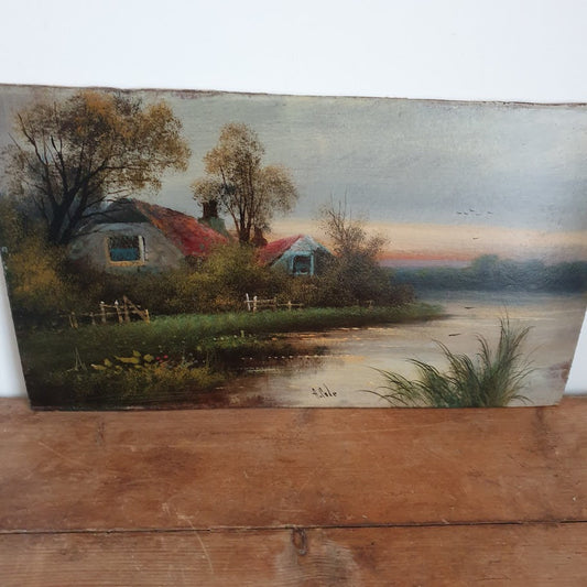 Vintage Oil on Board, Landscape Woodland Painting Lake River Scenic Signed Art