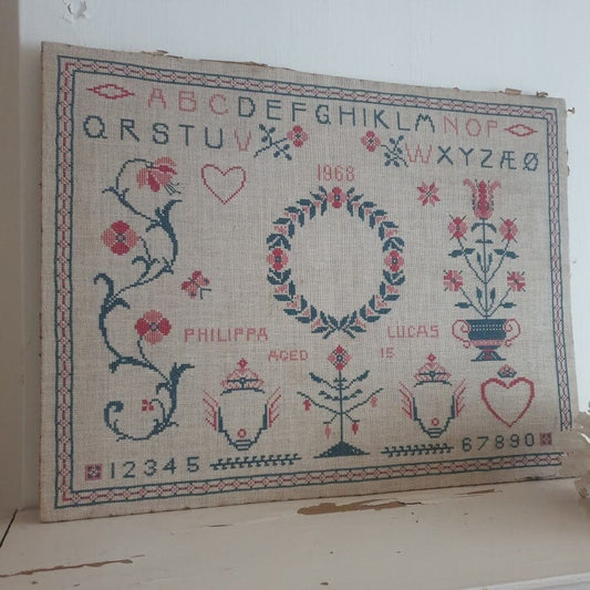 Vintage Sampler, Embroidered Cross Stitch on Board.